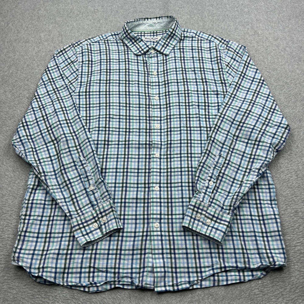 Tommy Bahama Linen Shirt Mens XL Blue Nantucket Plaid Long Sleeve Button Down